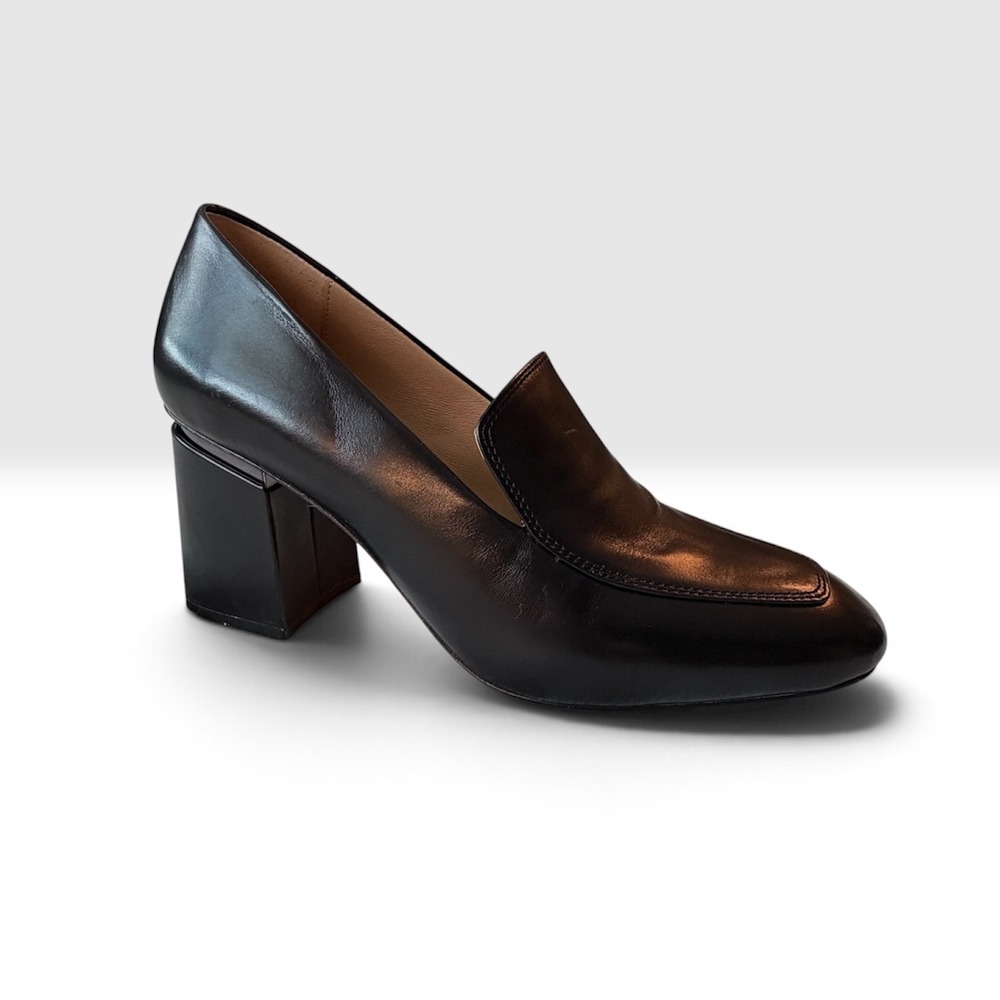 Antonio Melani Black Leather Loafer Pumps Square Toe Block Heel Womens 8.5M